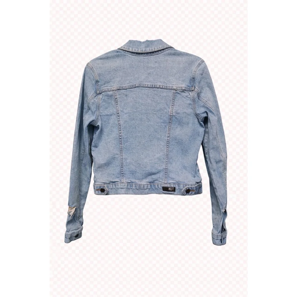 KUT From The Kloth Distressed Denim Jacket Small | Light Wash Stretch Jacket - Picture 3 of 5